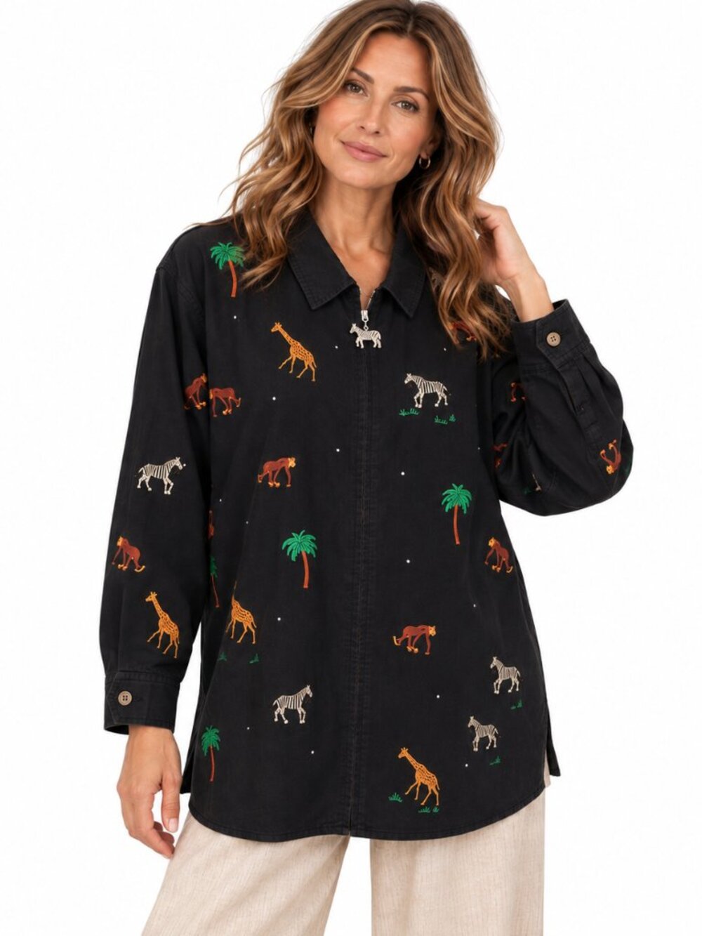 Quacker Factory Full Zip Shacket 1X Black Safari Animal Embroidered Kitsch